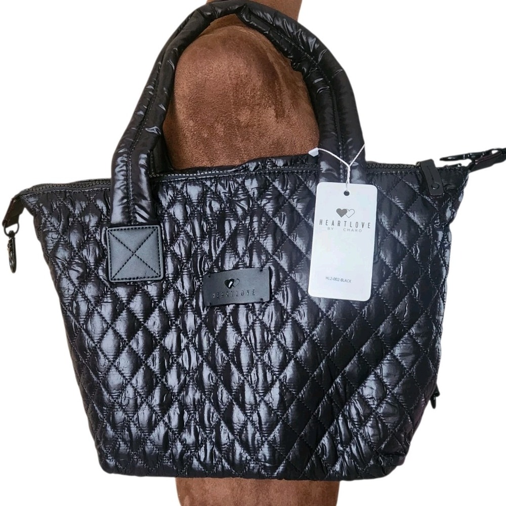 NWT Heart Love By‎ Charo Quilted Tote Bag Purse Black Removable Strap Coin Purse